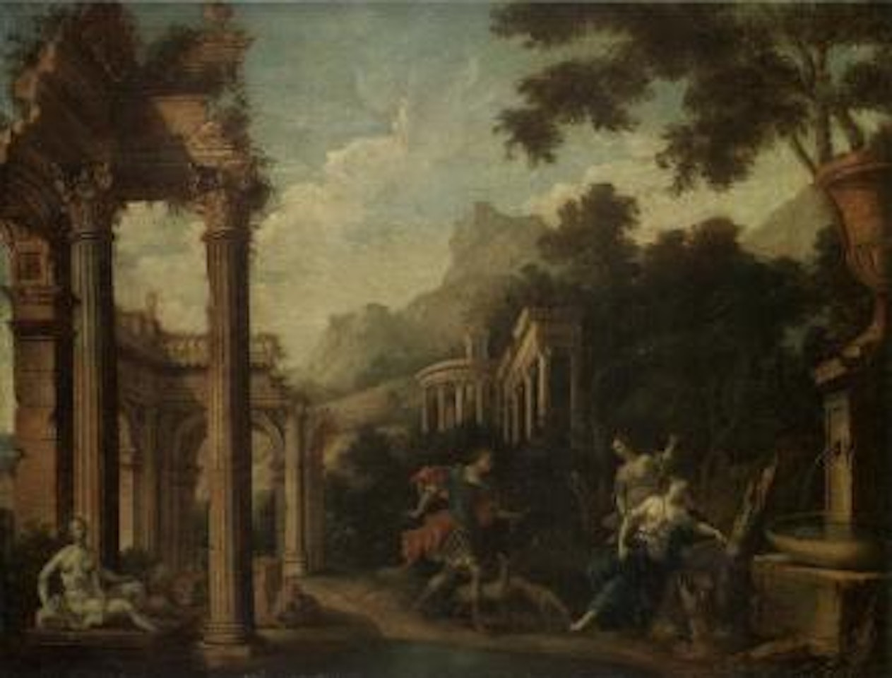 Roman ruins with mythological figures by Italian School