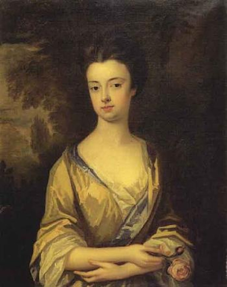 Lady in a yellow dress holding a rose by English School