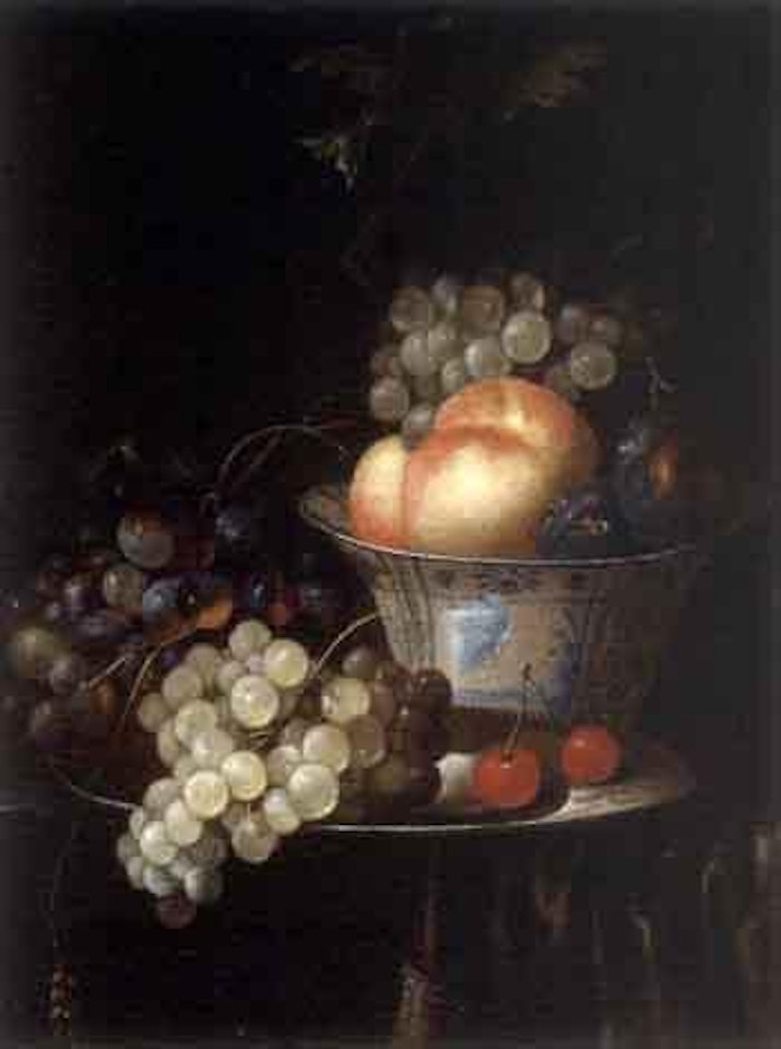 Peaches, plums and grapes in a Wan Li bowl with grapes and cherries on a pewter plate by Jan Pauwel Gillemans