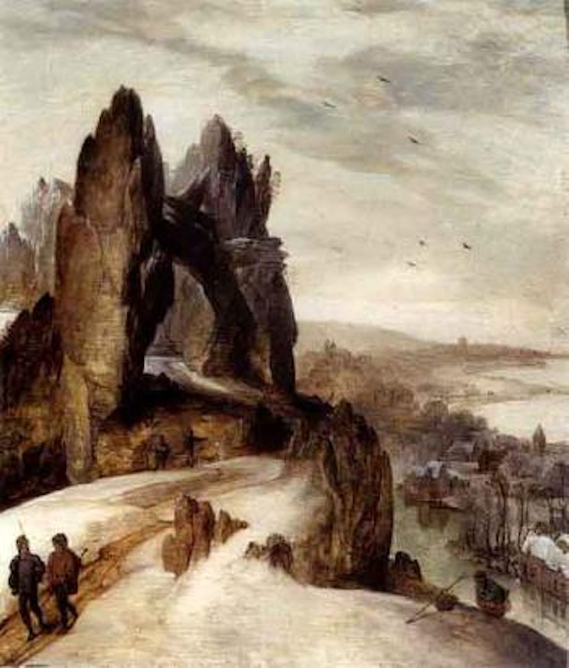 Peasants on a track in a mountainous winter landscape by Tobias Verhaecht