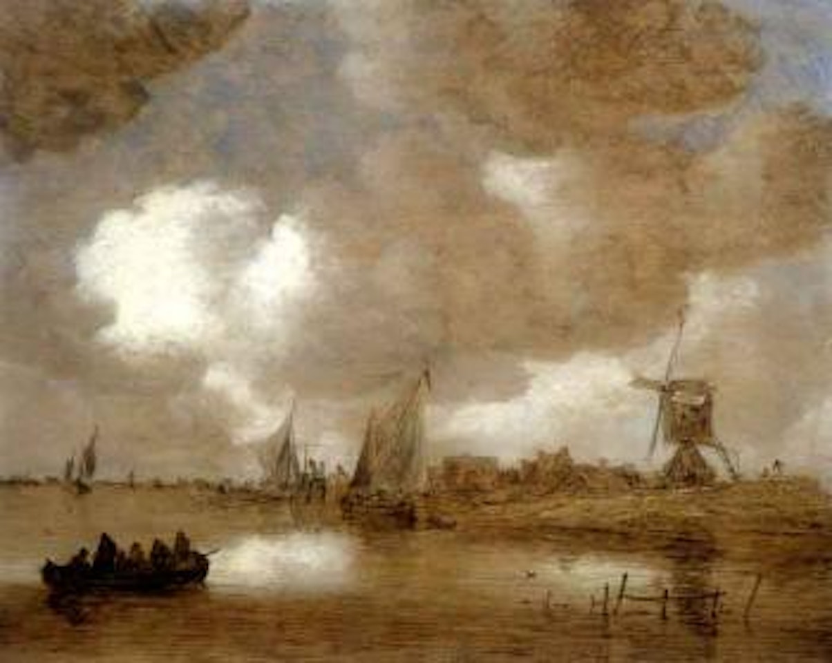 Fishermen in a rowing boat on the Vlist near to Bonrepas windmill at Schoonhoven by Jan van Goyen