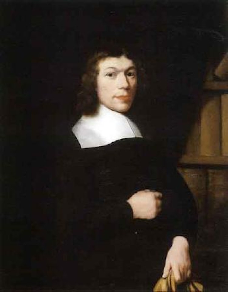 Portrait of young man wearing dark costume and lace collar, holding gloves by Nicolaes Maes
