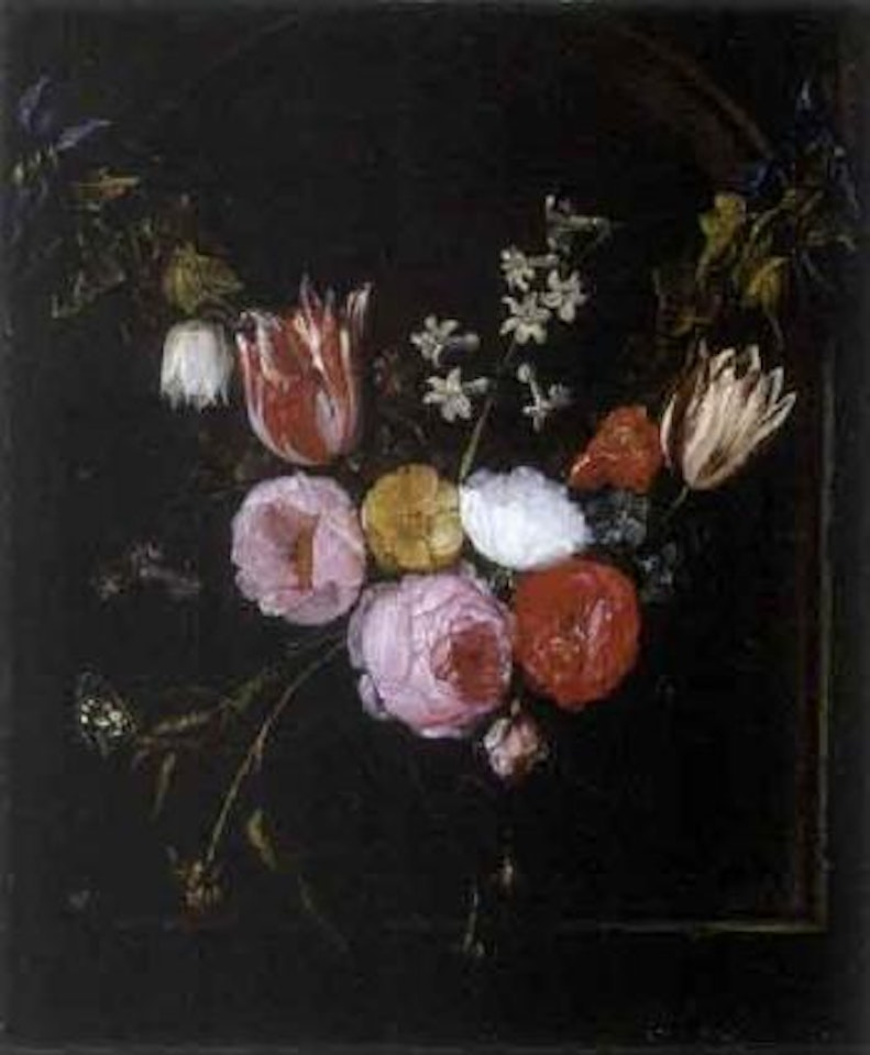 Swag of roses, tulips, anemone and other flowers with a butterfly by Jan Van Kessel The Elder