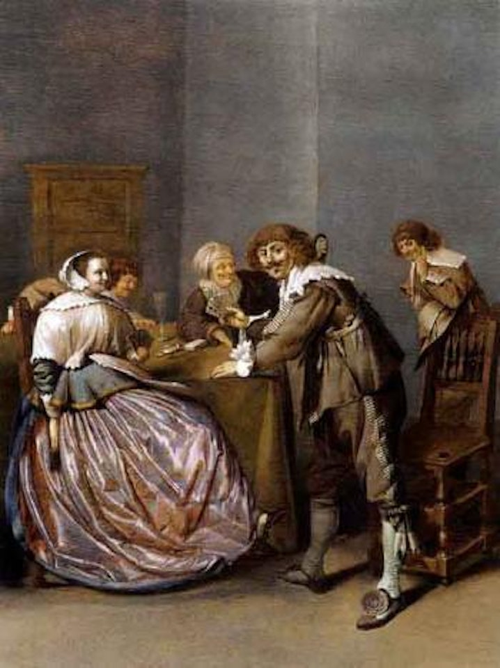 Officer and a courtesane playing cards in a brothel by Jacob Duck