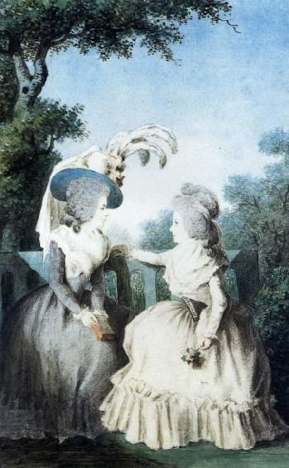 Deux femmes conversant dans jardin by Louis Carrogis Carmontelle