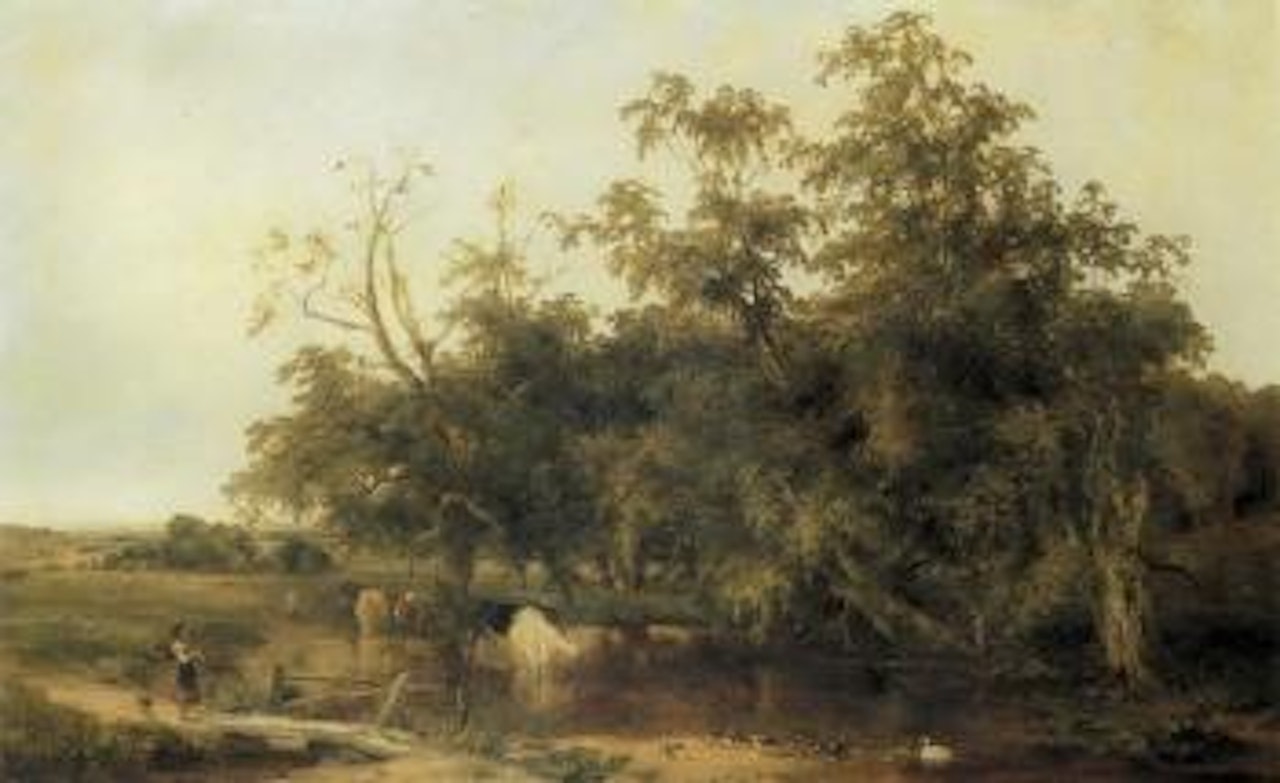 Extensive landscape with cattle watering, young girl and ducks in the foreground by Sidney Richard Percy