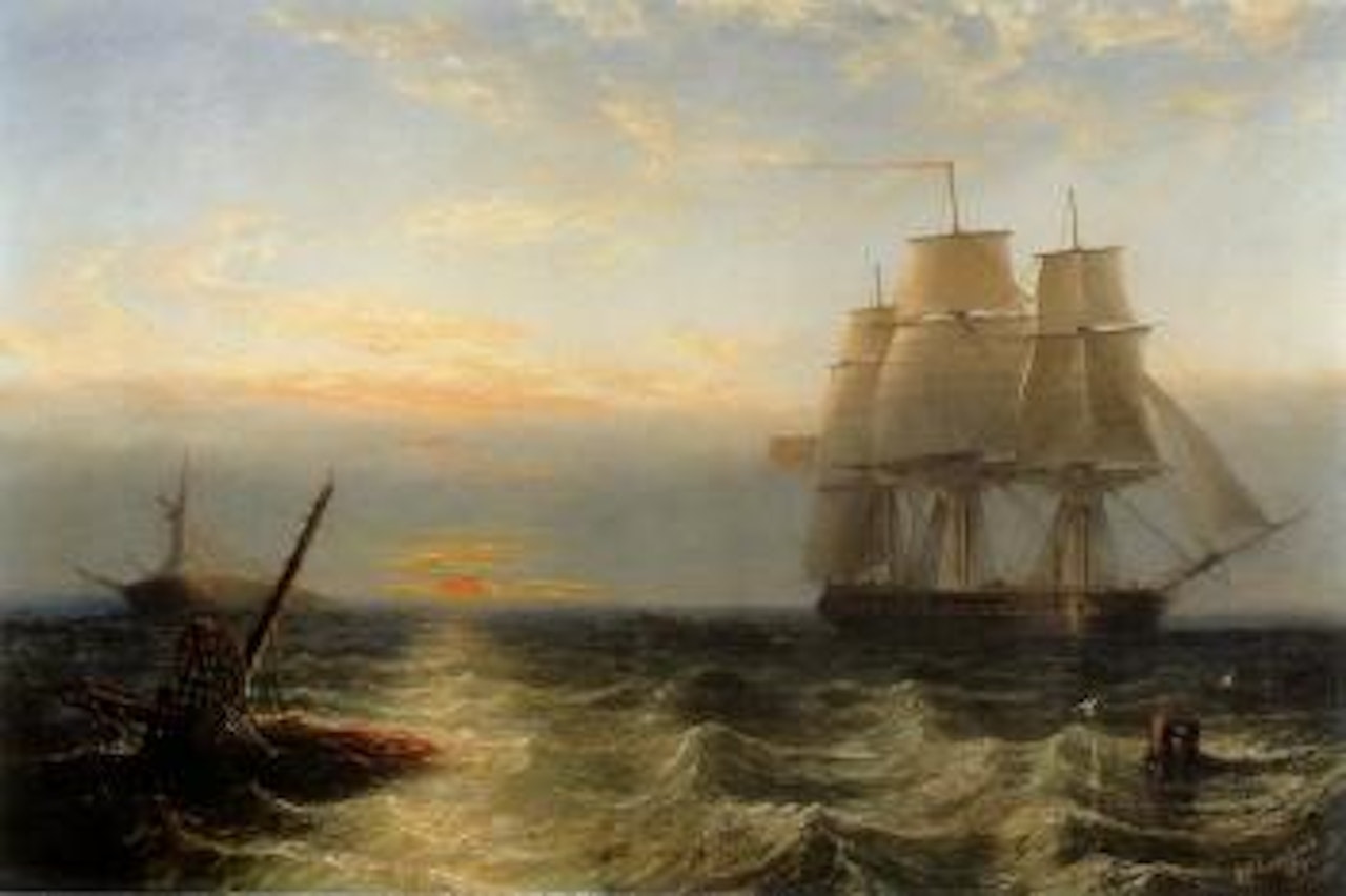 An English warship hove to, with a rowing boat investigating a wreck at sunset by John Wilson Carmichael