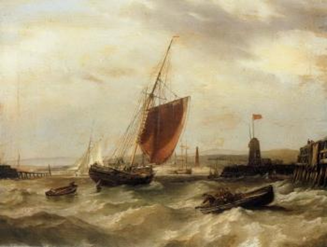 Fisher boat and two barges in a harbour by John Wilson Carmichael