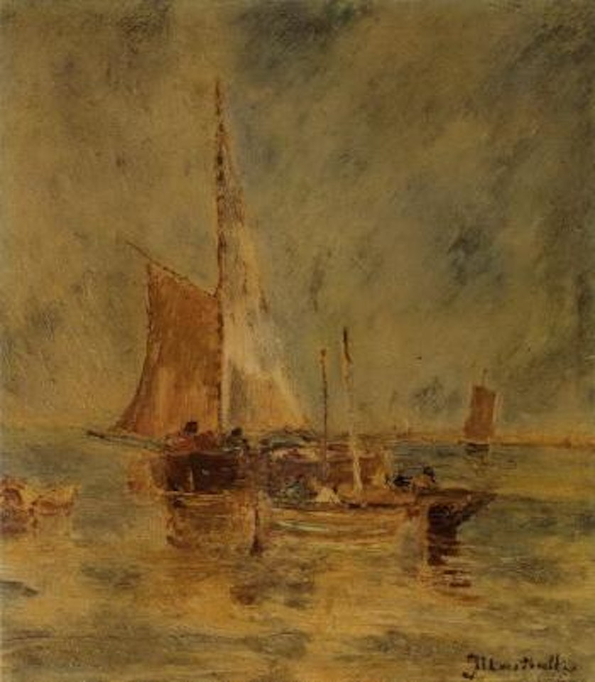 Voilier et barque en mer by Adolphe Monticelli