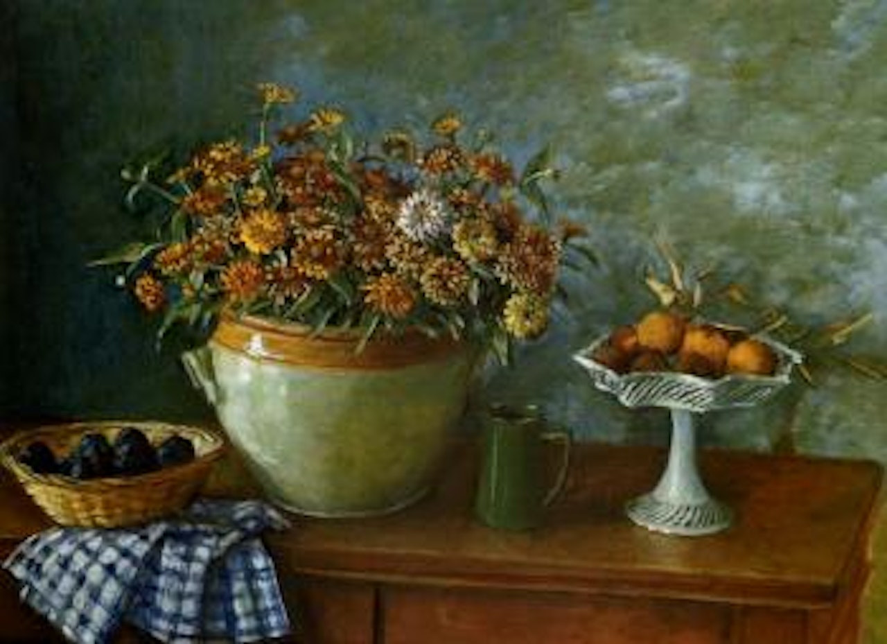 Still life with fruit, flowers and jug by Margaret Hannah Olley