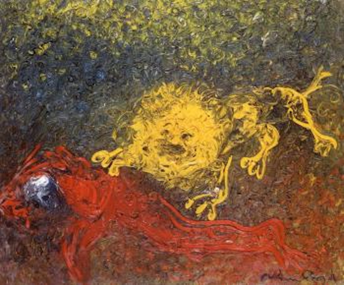 Man running from lion by Arthur Merric Bloomfield Boyd
