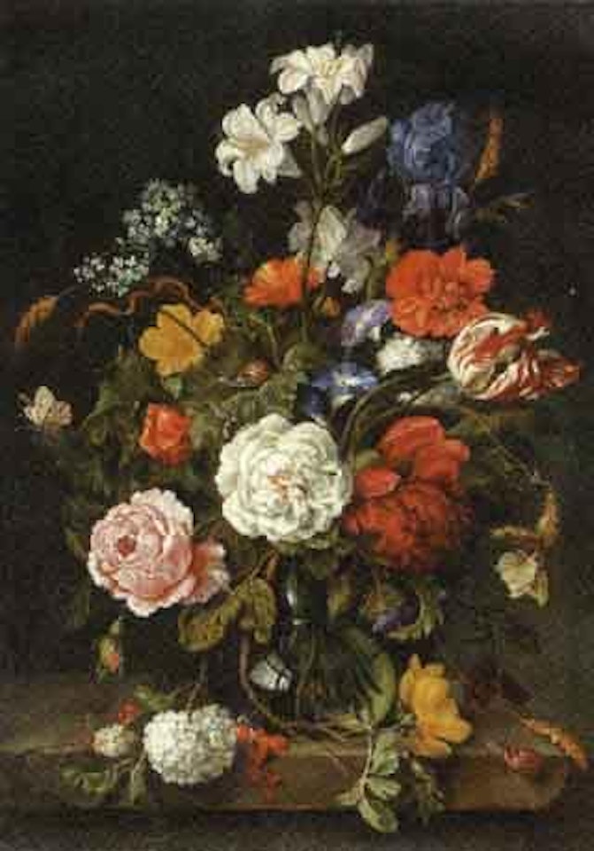 Exotic flowers in vase with butterfly and insects on marble by Jan Davidsz de Heem