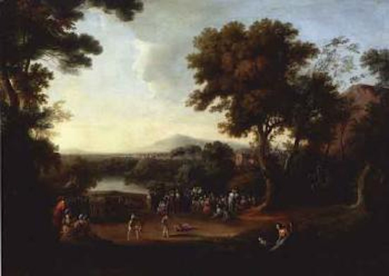 Italianate landscape with wrestling and spectators by English School