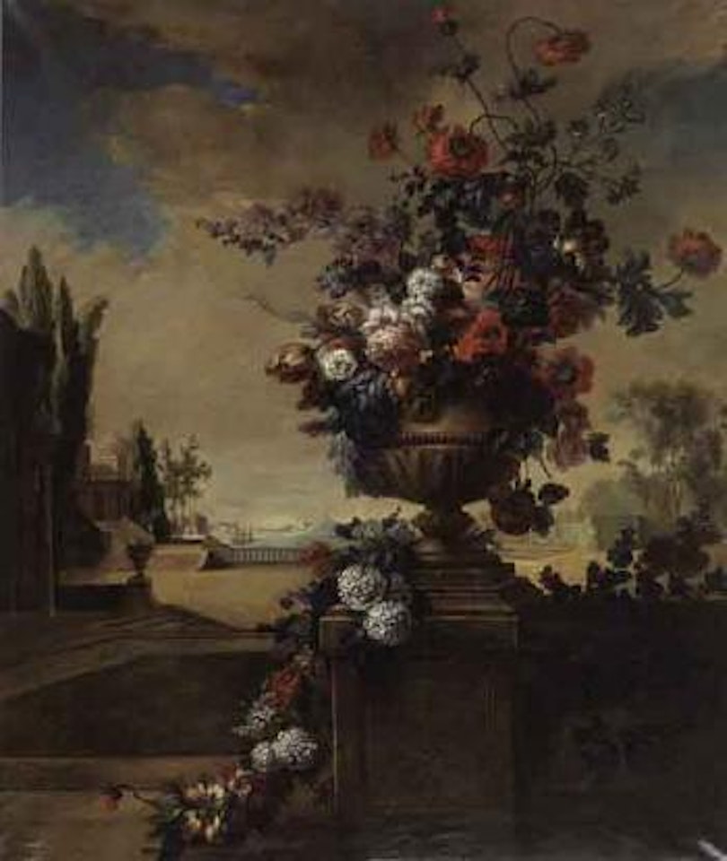 Flowers in vase in landscape by French School