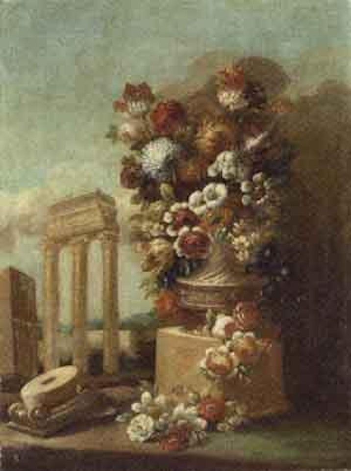 Flowers in urns on plinths amongst ruins by Italian School