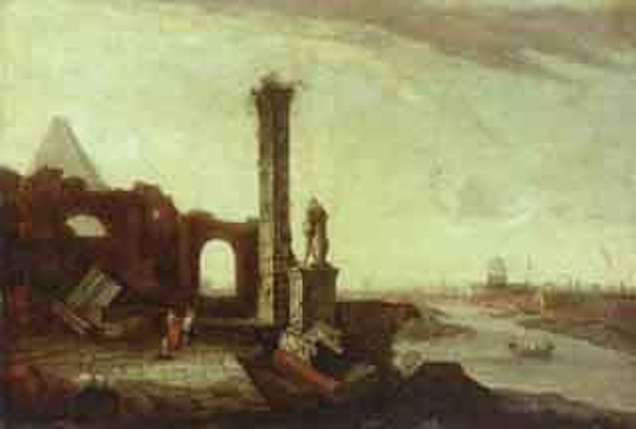 Capriccio of Rome with figures conversing near Farnese Hercules by Italian School