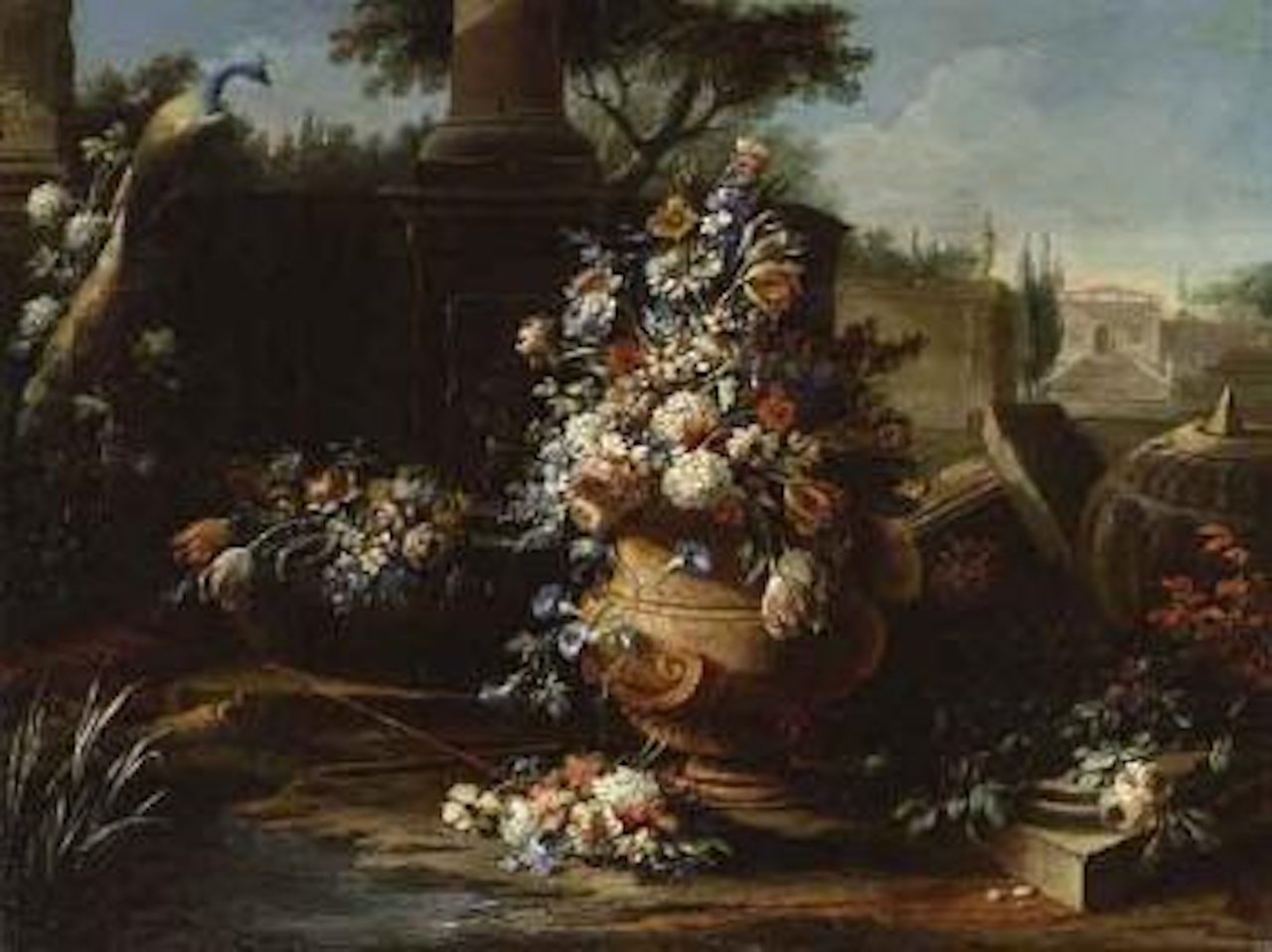 Flowers in urn and peacock in garden by Gasparo Lopez