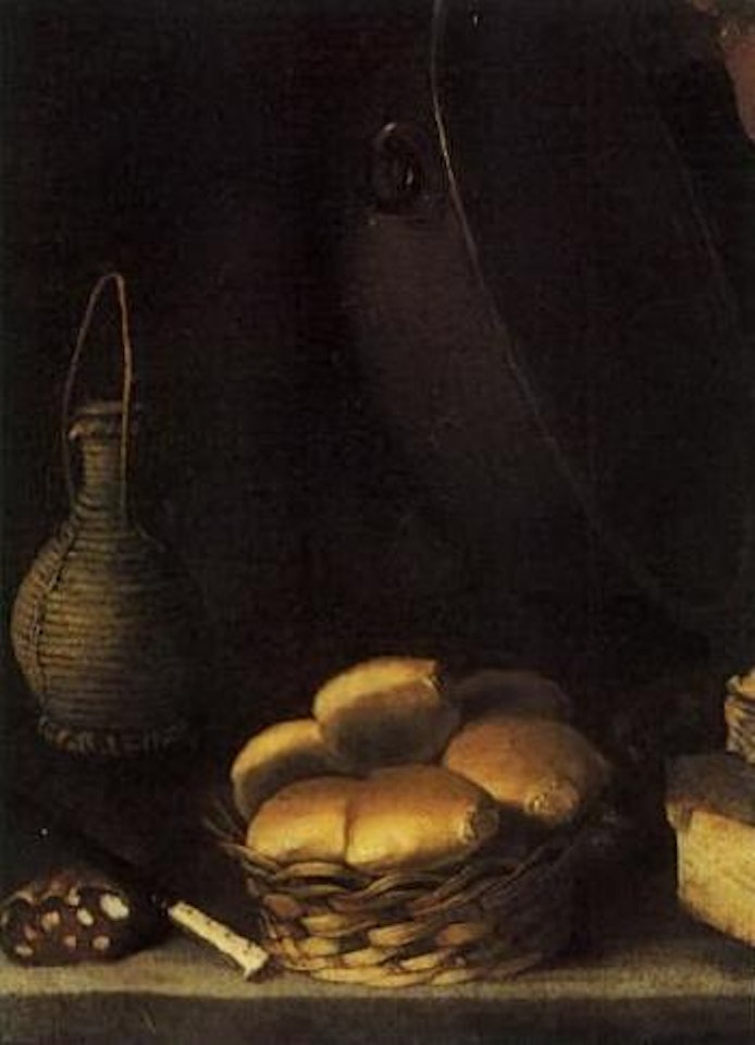 Still life with bread basket and wine bottle by Neapolitan School