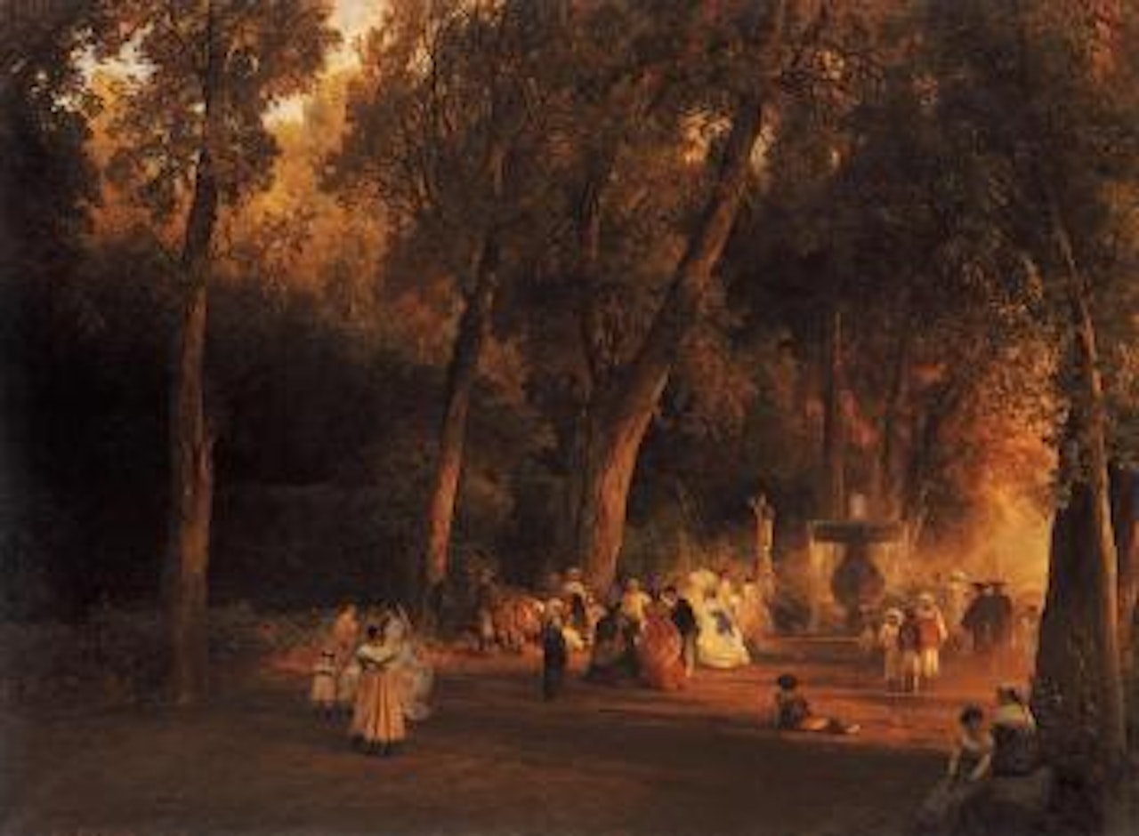 Figures walking in park by Oswald Achenbach