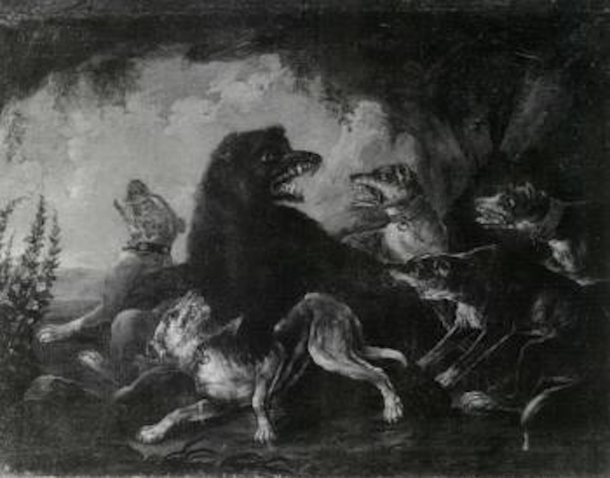 Hunting scene with dogs and wolf by German School