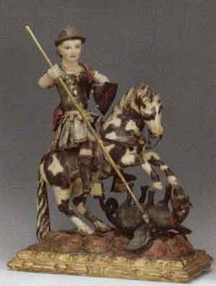 St George on horseback killing dragon by German School