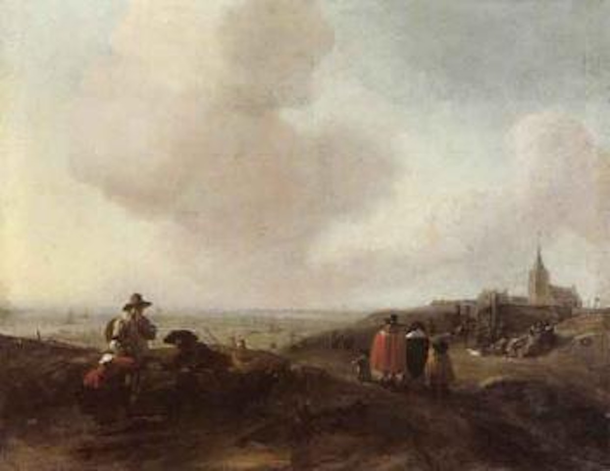 Coastal landscape with figures and village church by Jan Van Kessel The Elder