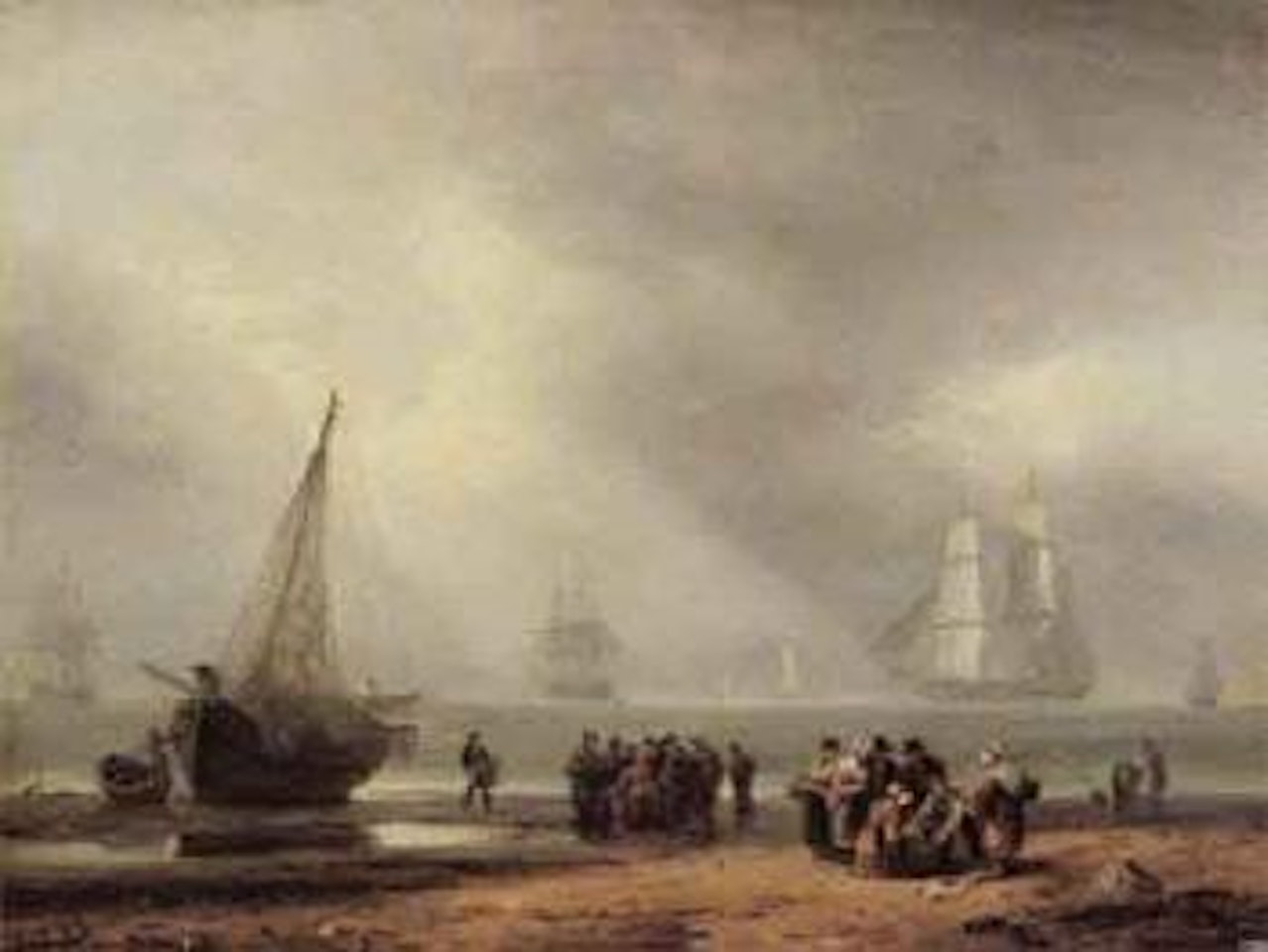 Coastal landscape with fishermen and sailing boats by Thomas Luny