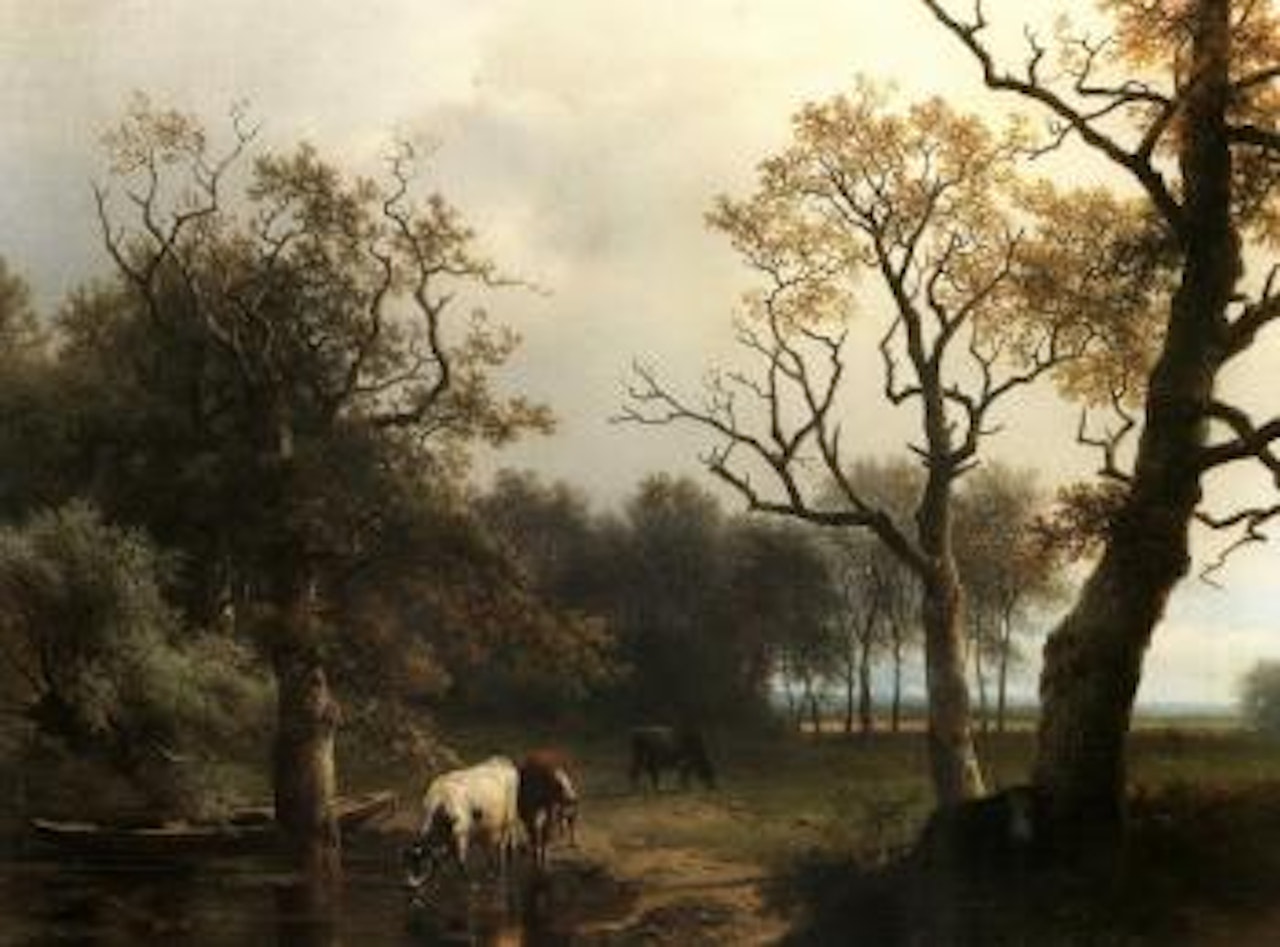 Wooded landscape with cow by water ditch by Pieter Lodewyk Kuhnen by Eugène Joseph Verboeckhoven