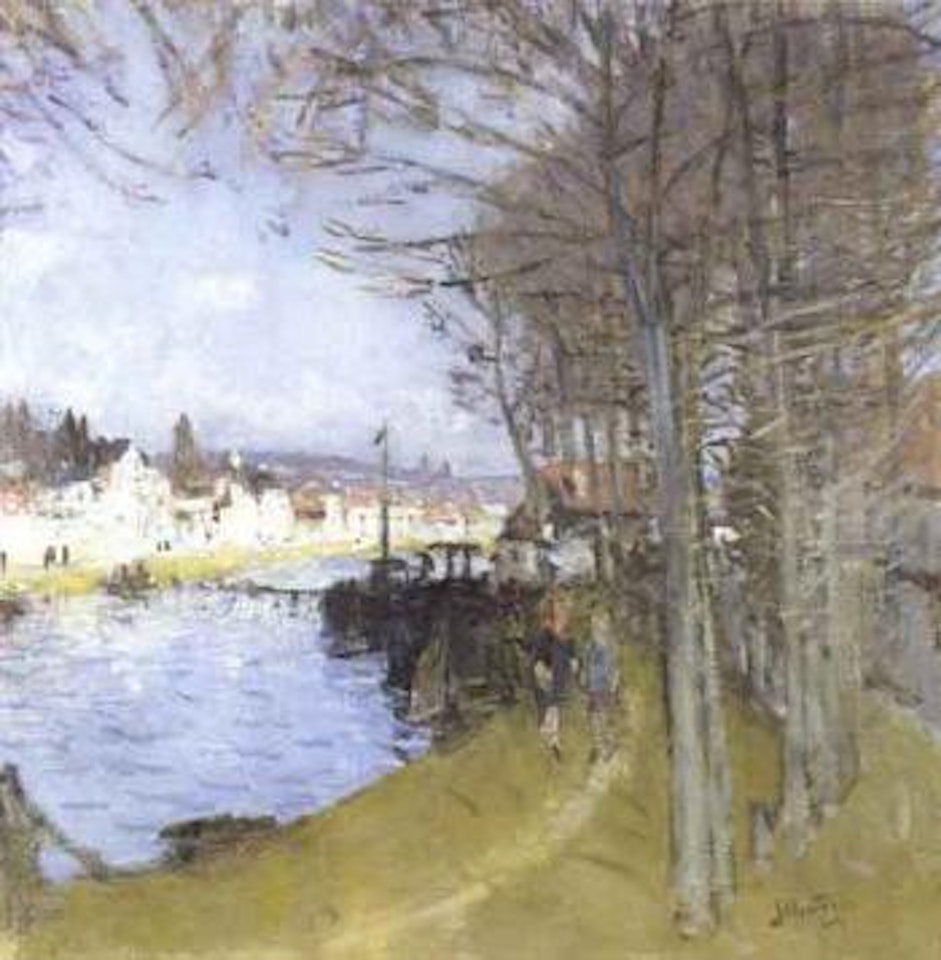 Paysage anime fais d'un village en bord de riviere by Pierre Eugène Montezin