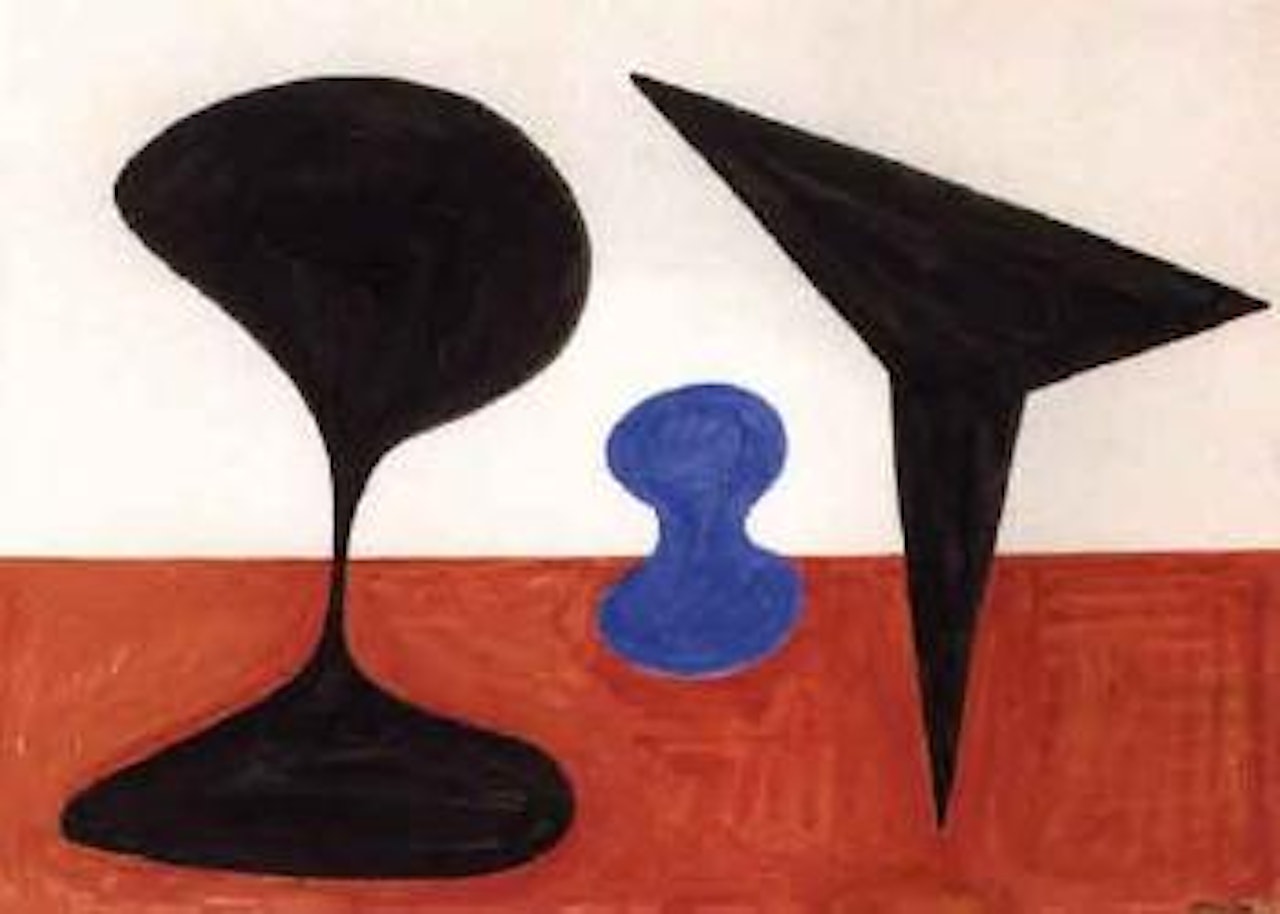 Blue bollard and two black forms by Alexander Calder