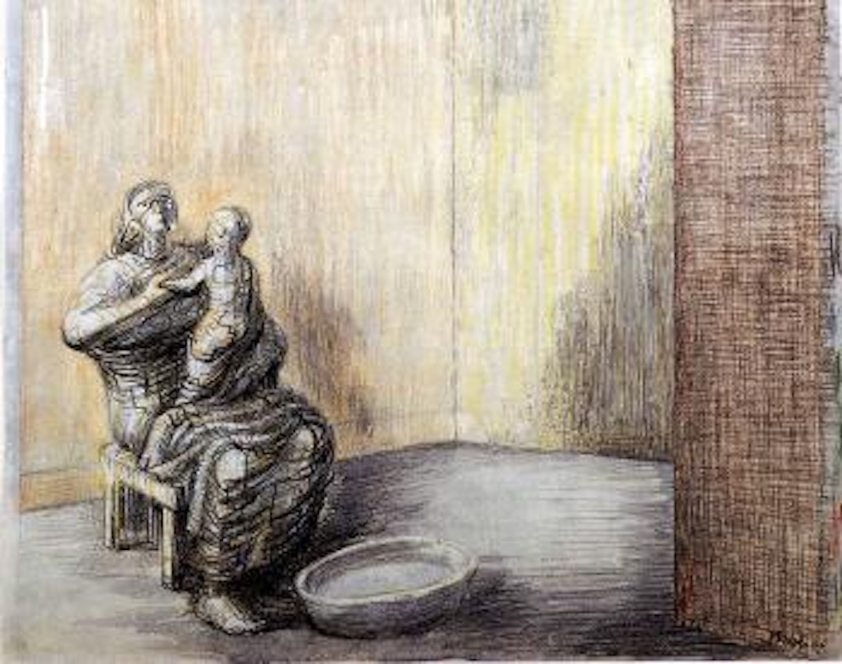Mother preparing child for bath by Henry Moore