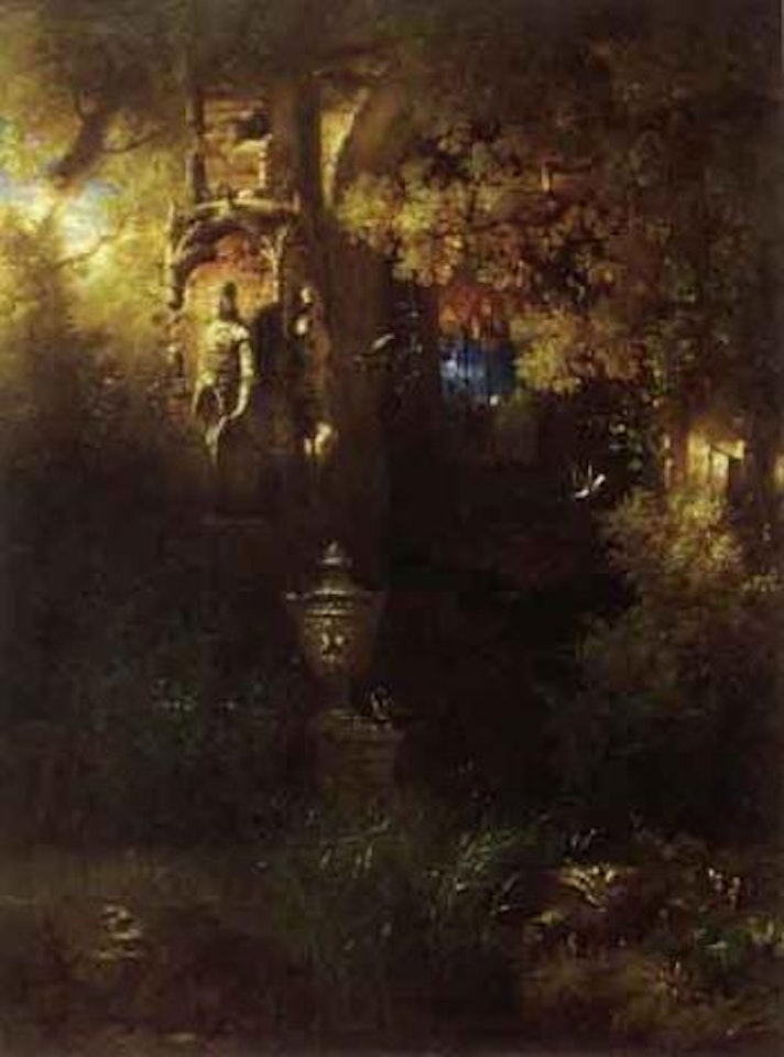 Park landscape with ruins and statue in evening by Ludwig Schuster