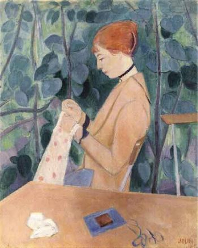 Woman sewing in garden by Einar Jolin