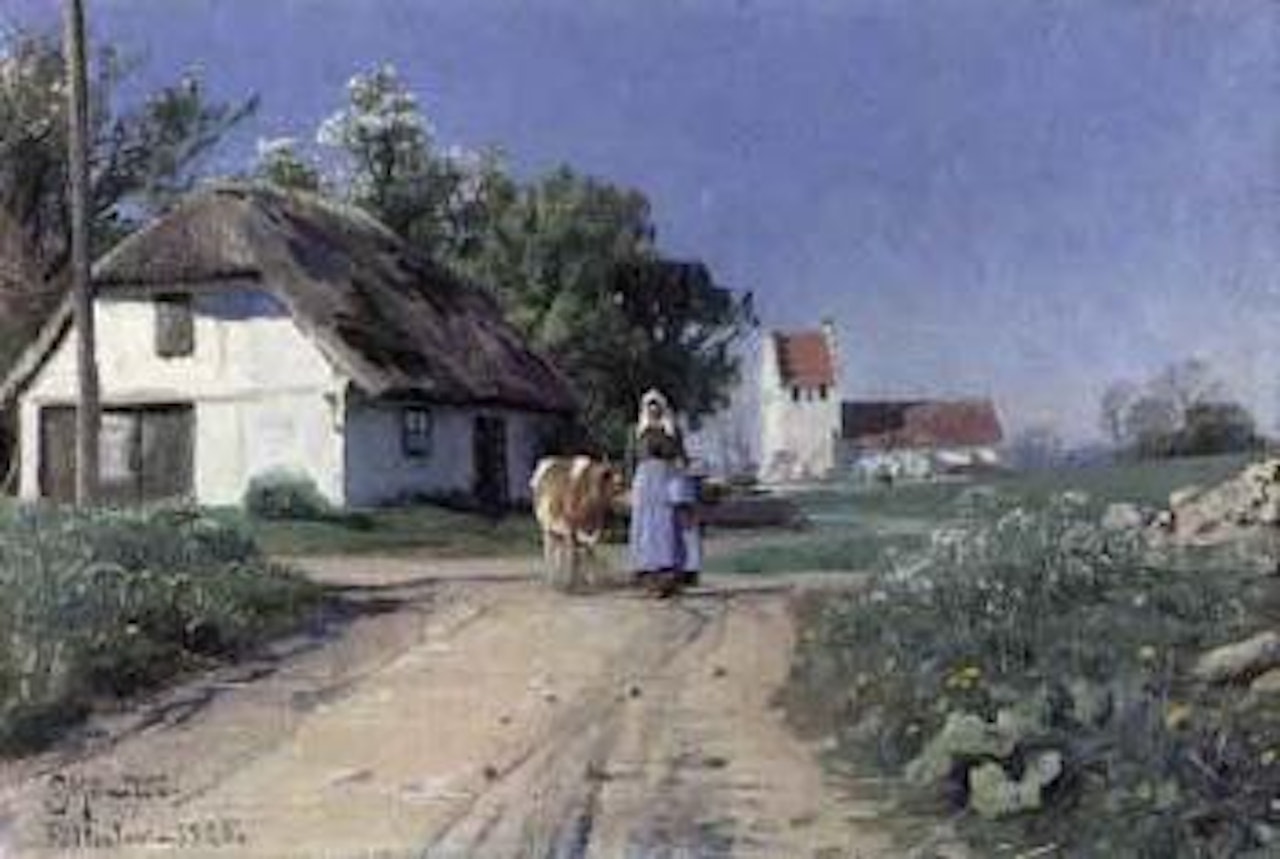 Milk maid and cow on country road by Peder Mork Monsted