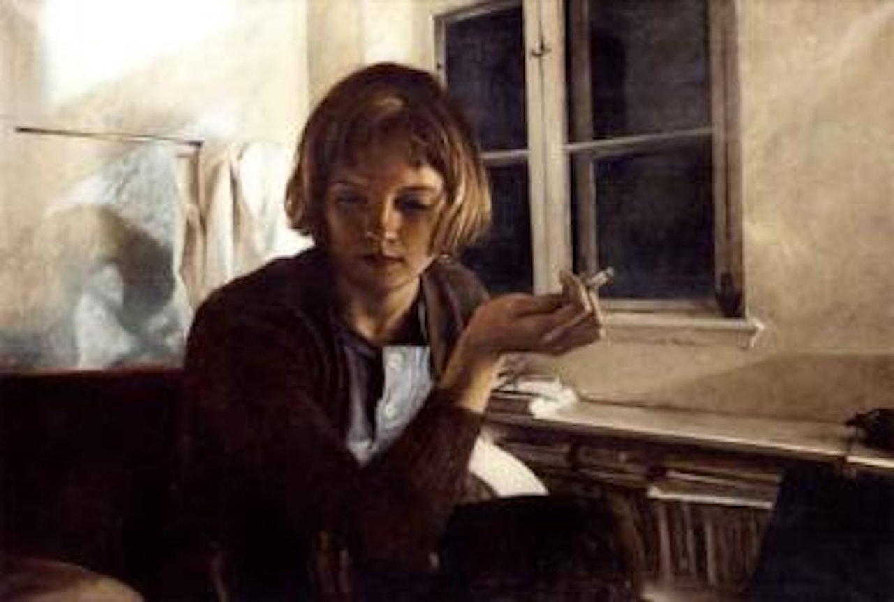 Night - interior with girl smoking cigarette by Ola Billgren