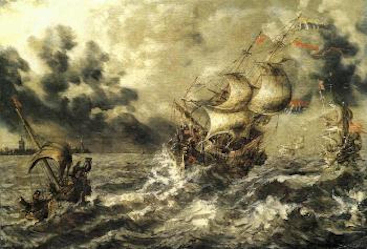 Ships at sea in storm by Flemish School