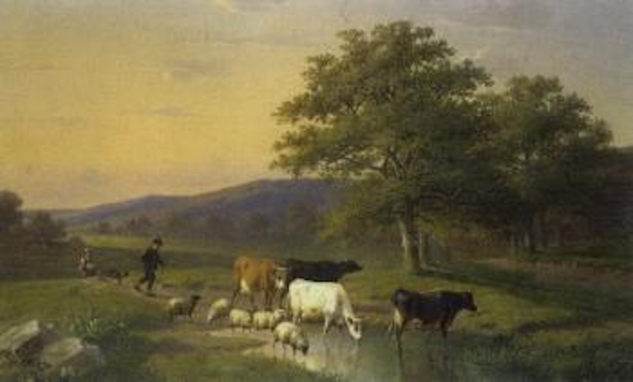 Landscape with cattle and sheep crossing a stream by Eugène Joseph Verboeckhoven