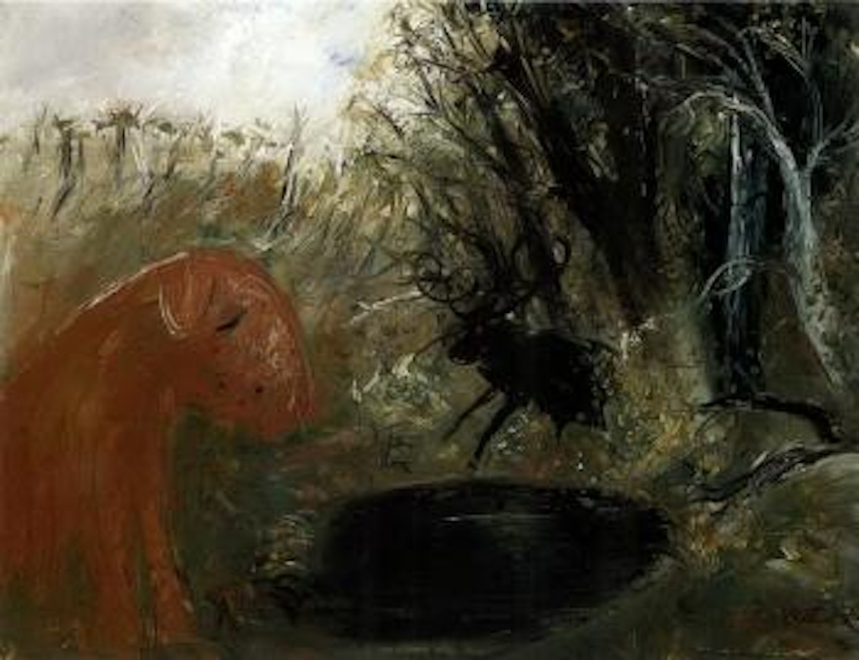 Red dog and ram by black pool by Arthur Merric Bloomfield Boyd