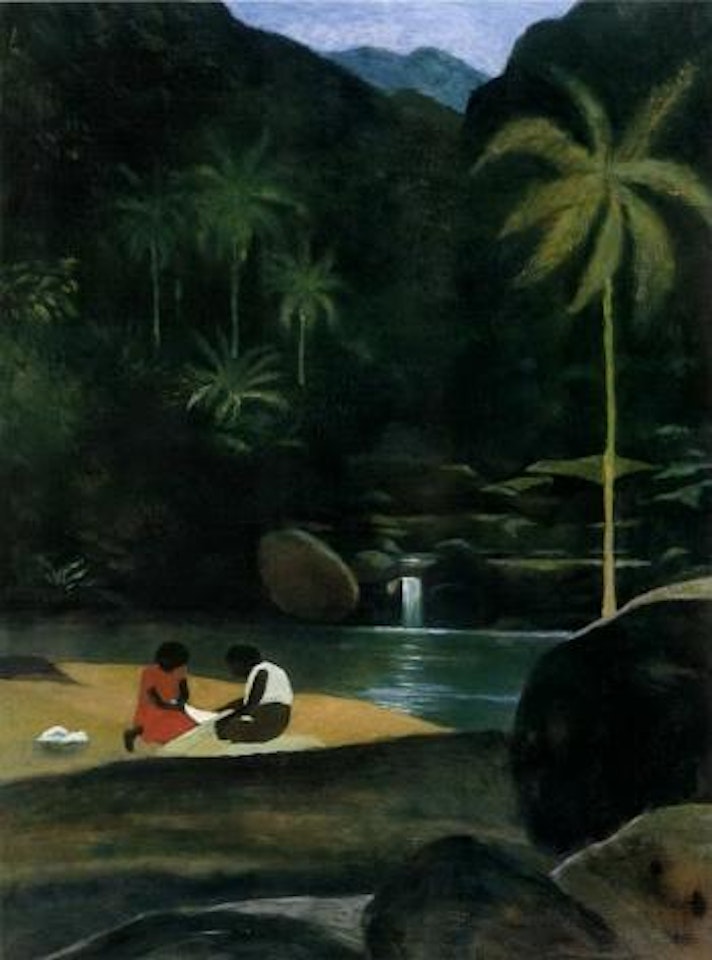 Islanders near a waterfall by Ray Austin Crooke