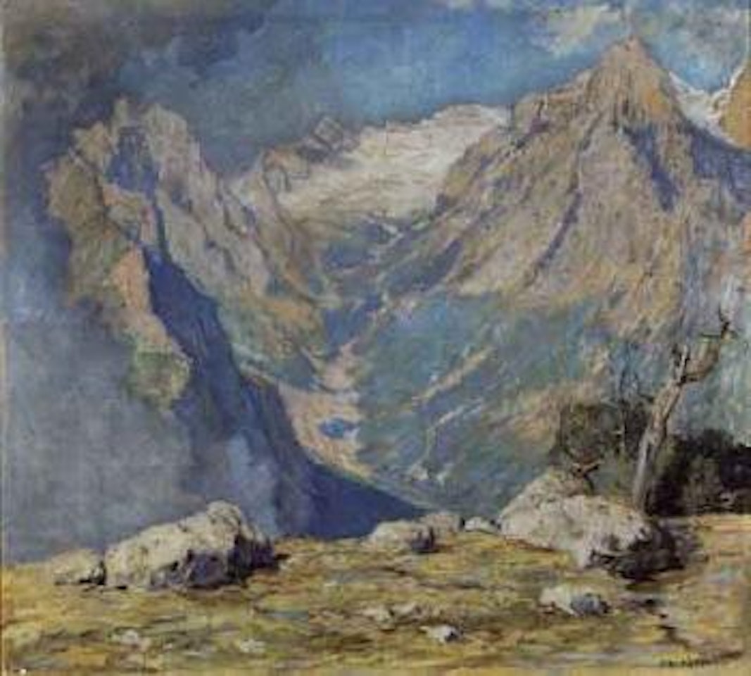 Rock plateau with view towards valley, snowcovered mountains in background by Otto Pippel