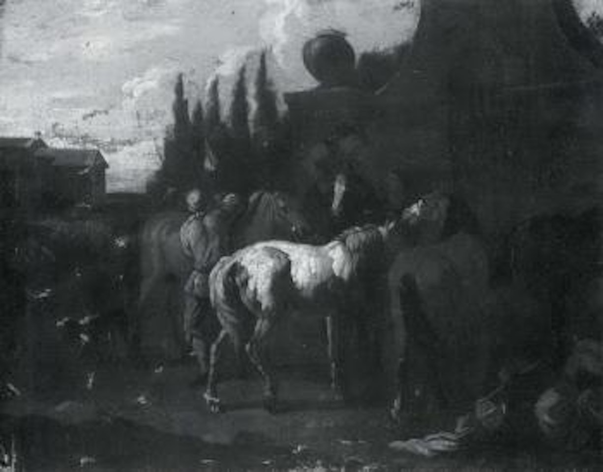 Horses being watered in Italianate landscape by Pieter van Bloemen