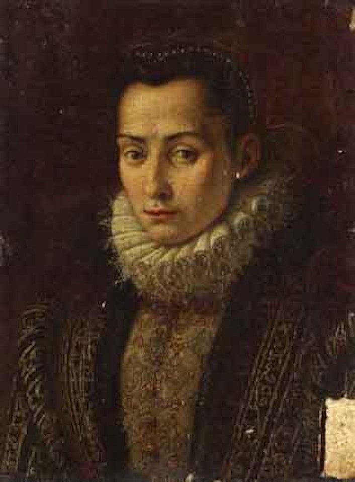 Portrait of lady bust length in gold embroidered black dress by Lavinia Fontana