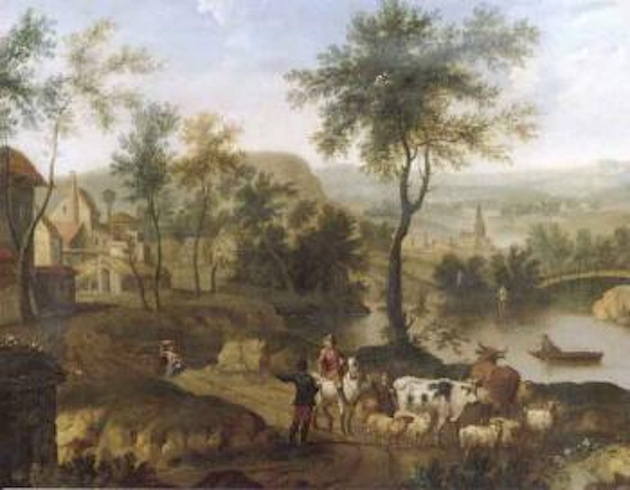 Landscape with figures and cattle on country lane by Dutch School