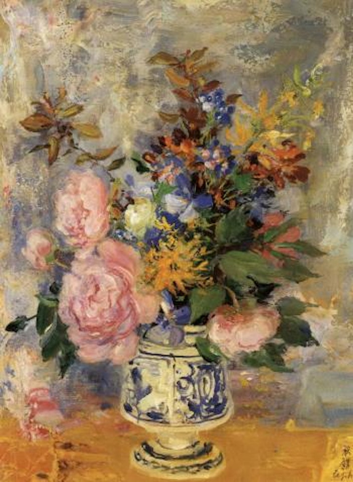 Flowers in a blue and white vase by Le Pho