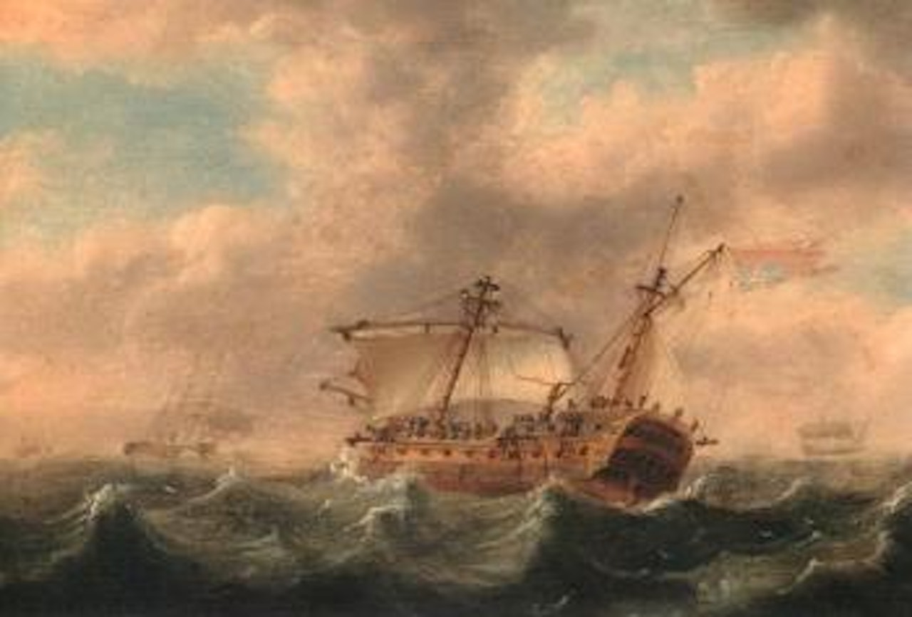 Ships of fleet in swell. Frigate in distress under jury rig by Francis Swaine