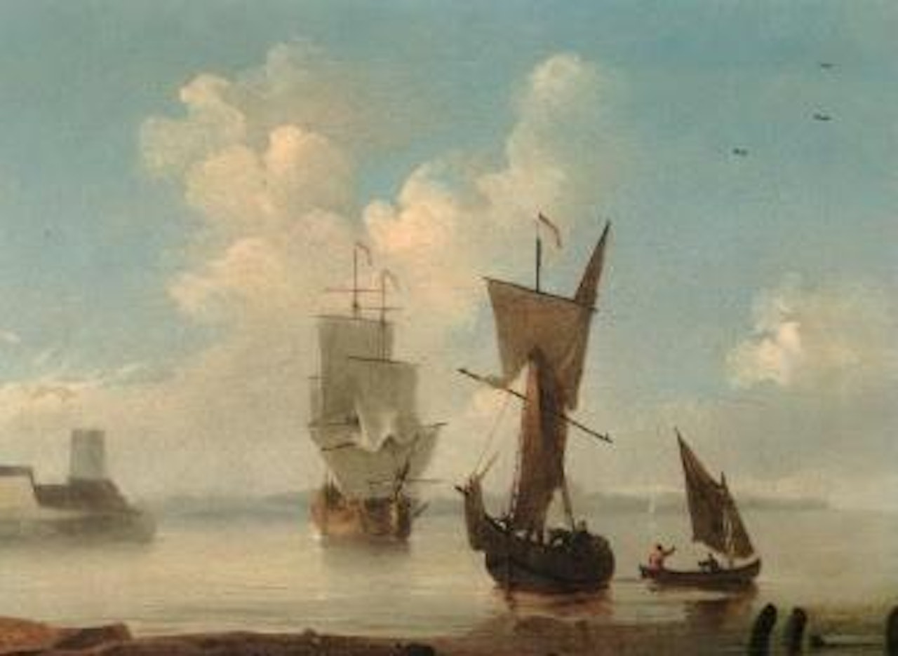 Man-o'war rounding headland in calm by Peter Monamy