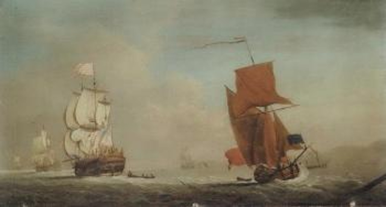 Admiralty yacht running past East Indiaman with shipping by Peter Monamy