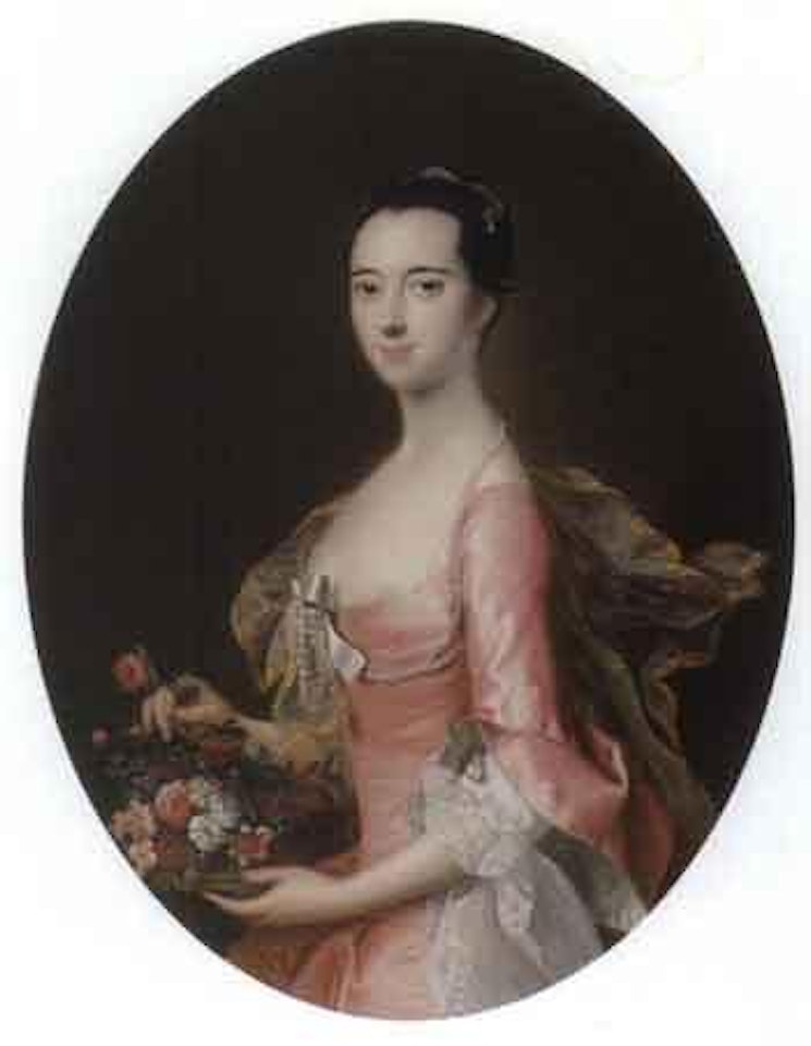 Portrait of lady holding basket of flowers by Thomas Hudson