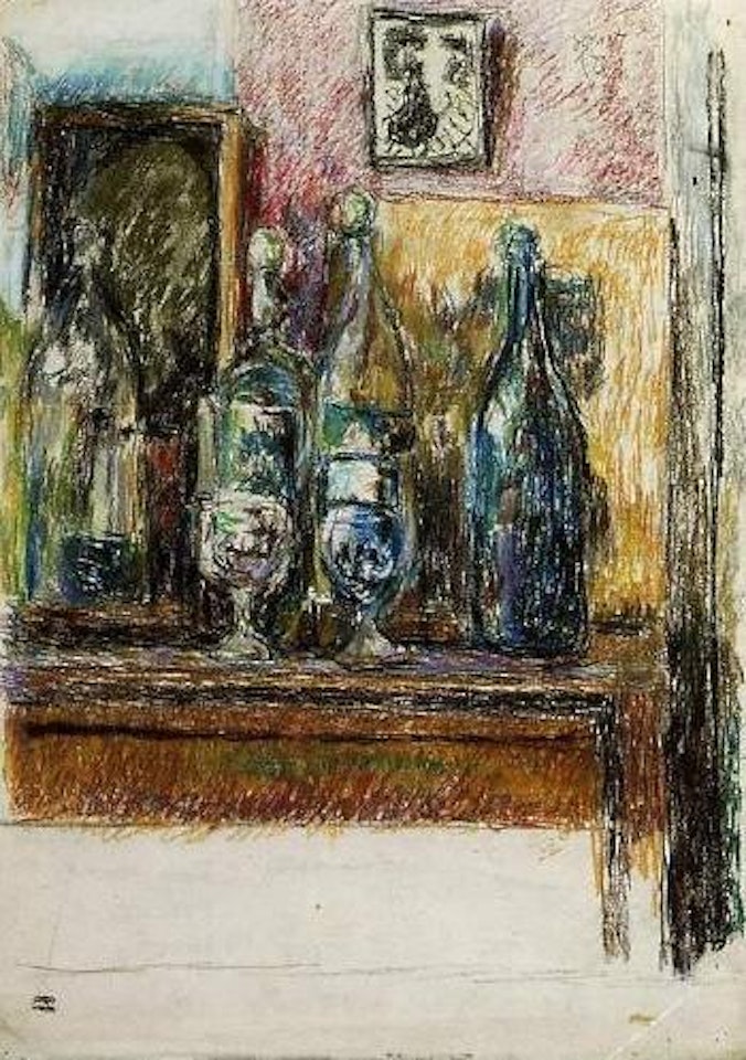 Still life of bottles and glasses, the artist's studio, Charleston by Duncan Grant