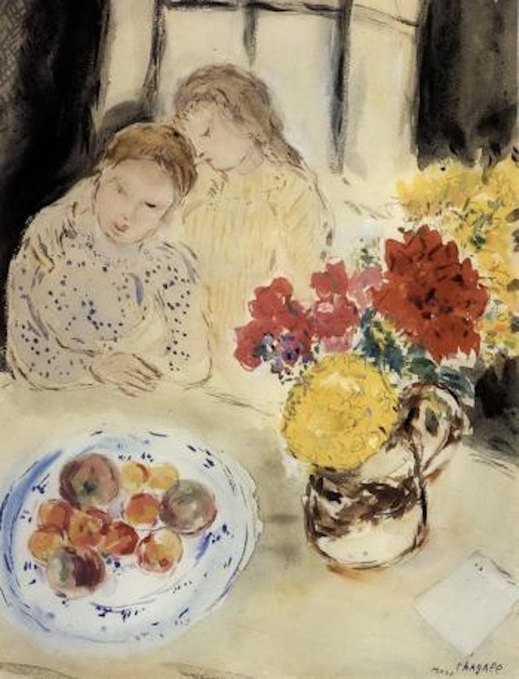 Deux femmes avec assiette de fruit et vase de fleurs by Marc Chagall